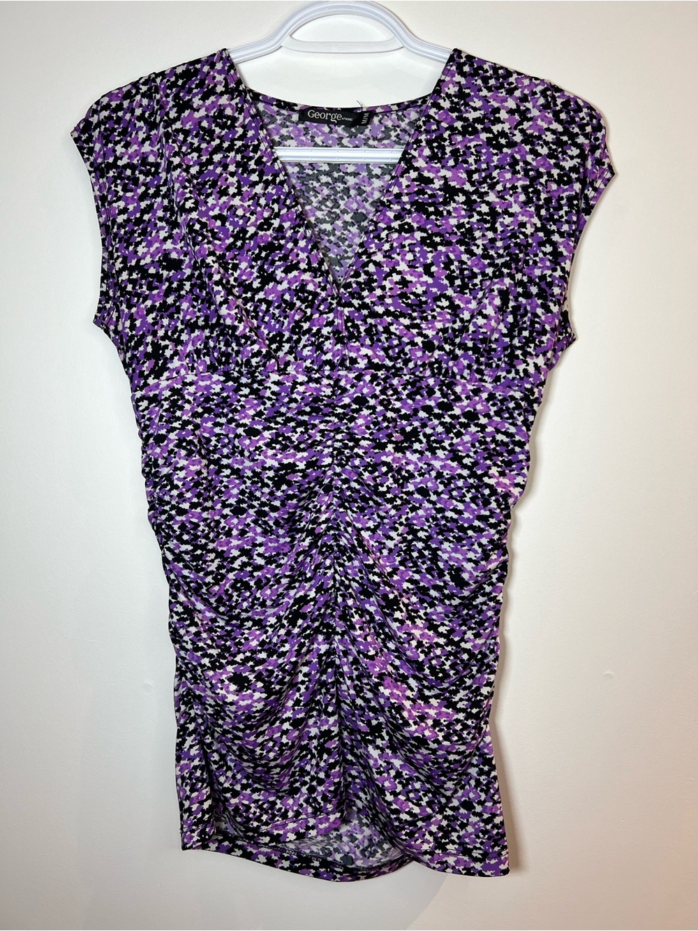 George Women's Medium Purple Patterned Ruched V-Neck Top